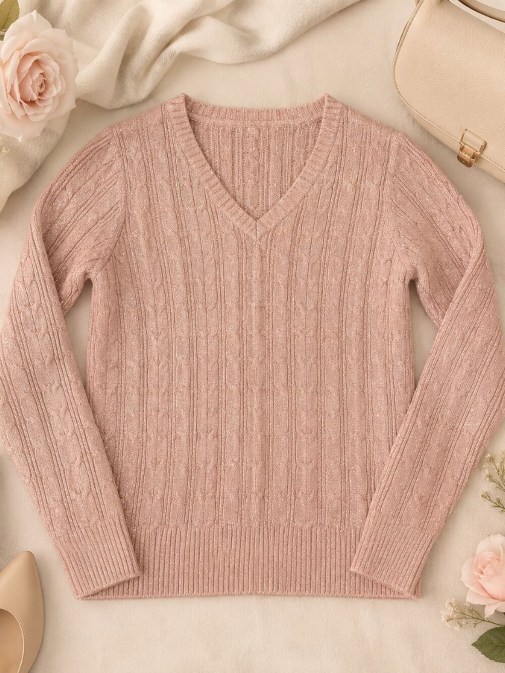 St. John’s Bay Blush Pink Metallic Cable Knit V-Neck Sweater Size L